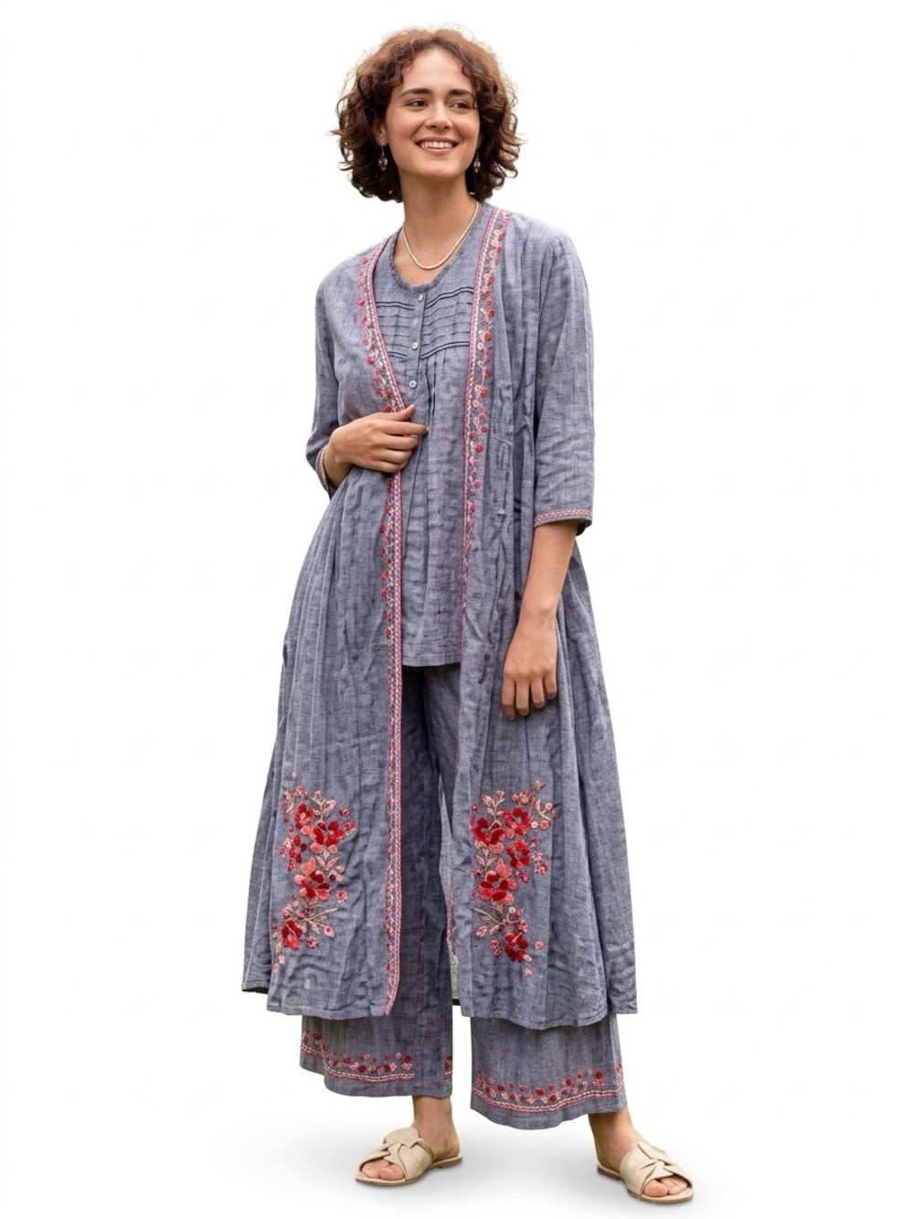 April Cornell Light Blue Embroidered 100 Cotton Floral Duster Jacket XS